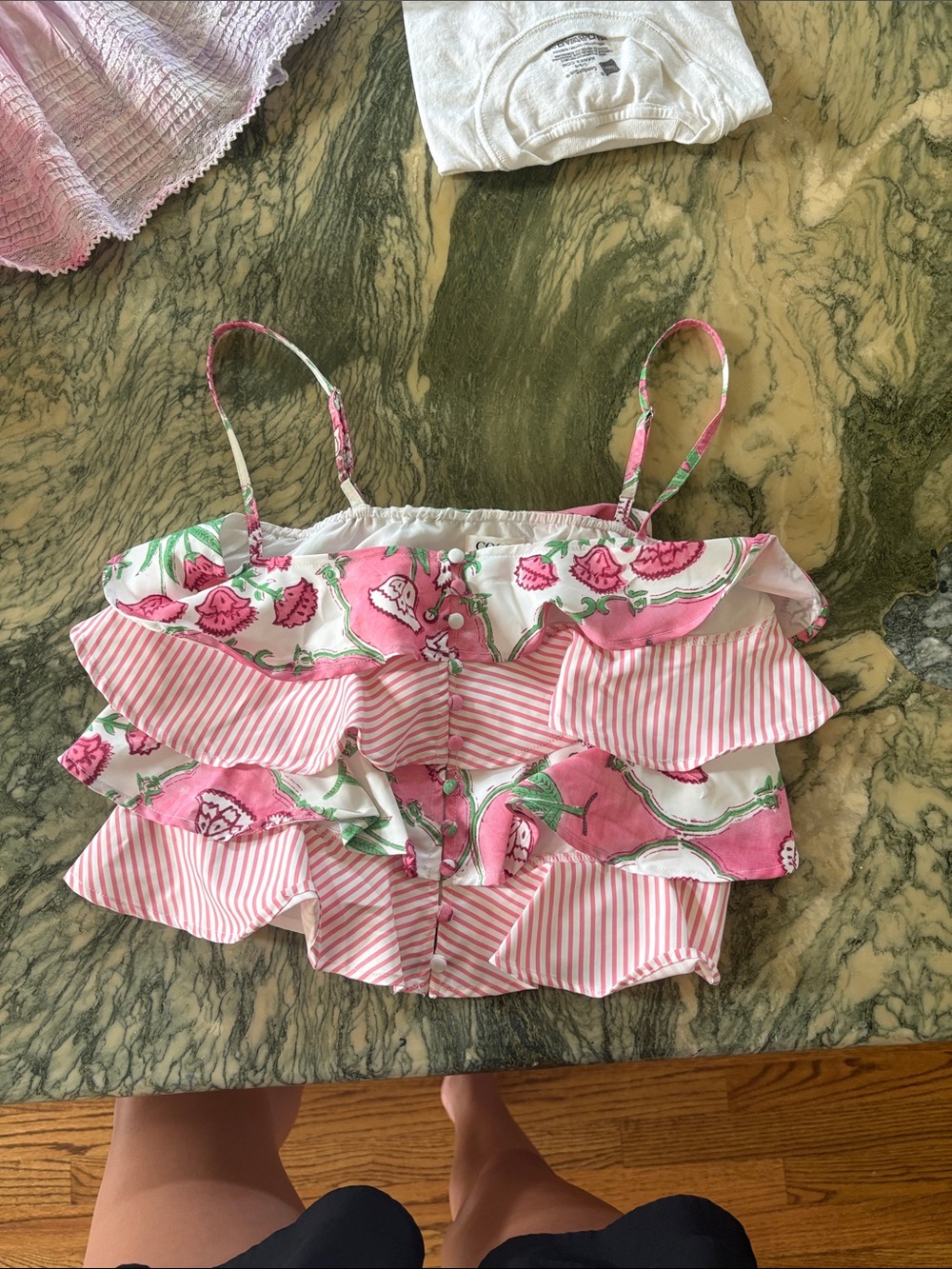 Pink Floral Ruffle Stripe Tank Top for Kids